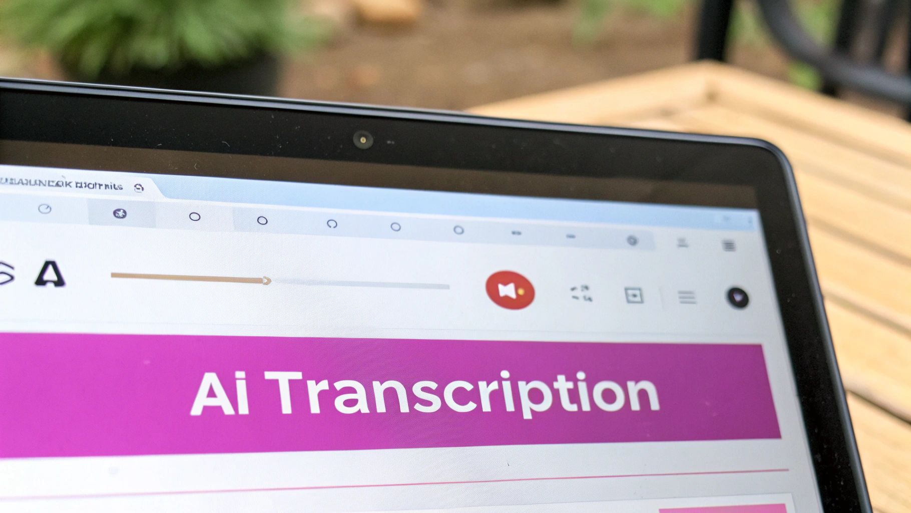 Close-up of a laptop screen displaying a web page with 'Ai Transcription' in a magenta banner.