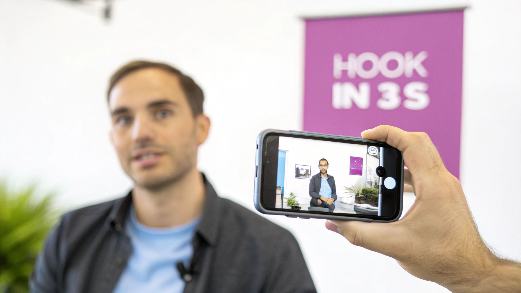 A hand holds a smartphone, recording a video of a man, with a blurred man in the foreground.