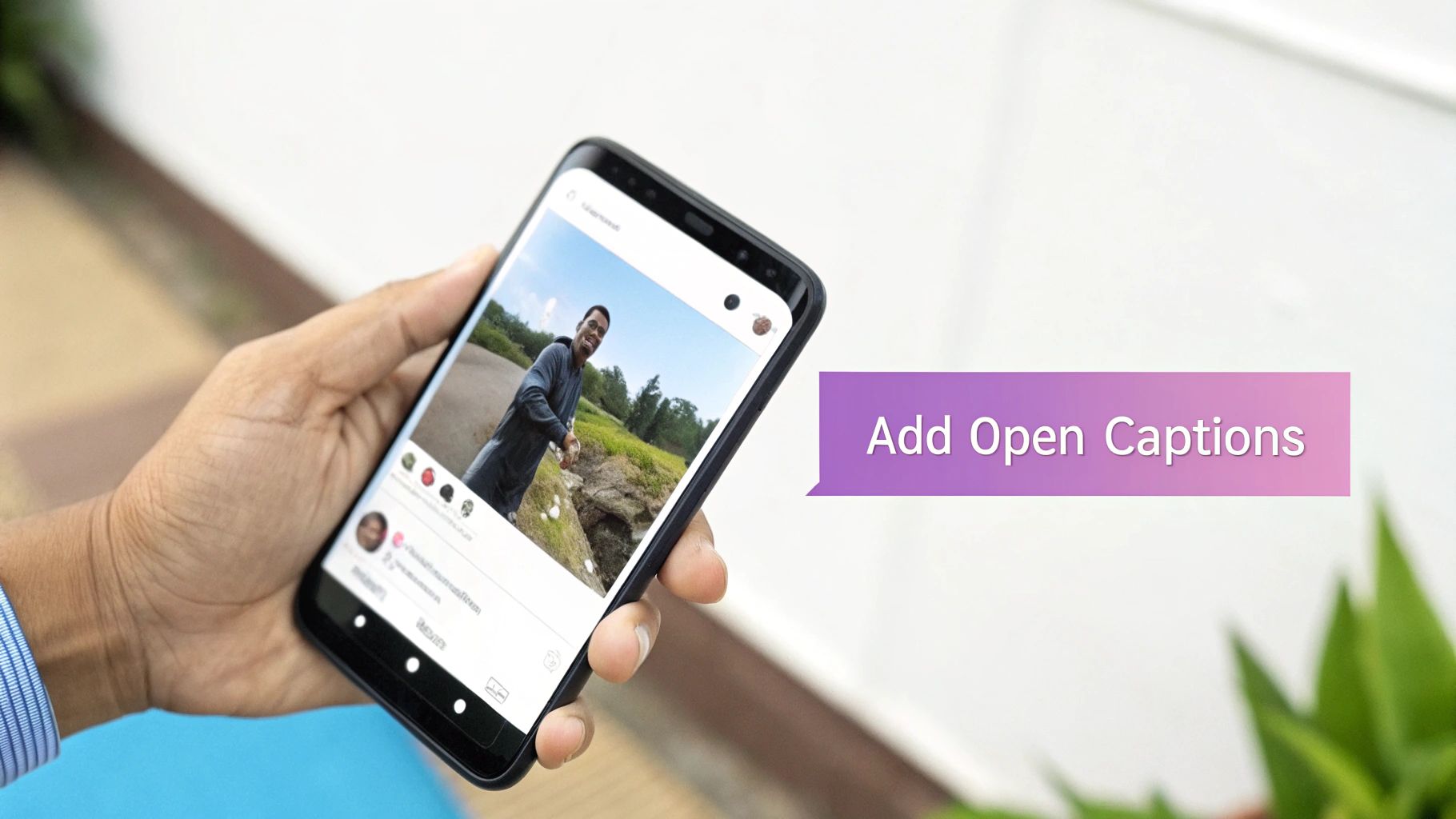 A hand holds a smartphone displaying a photo of a smiling man, with "Add Open Captions" text.