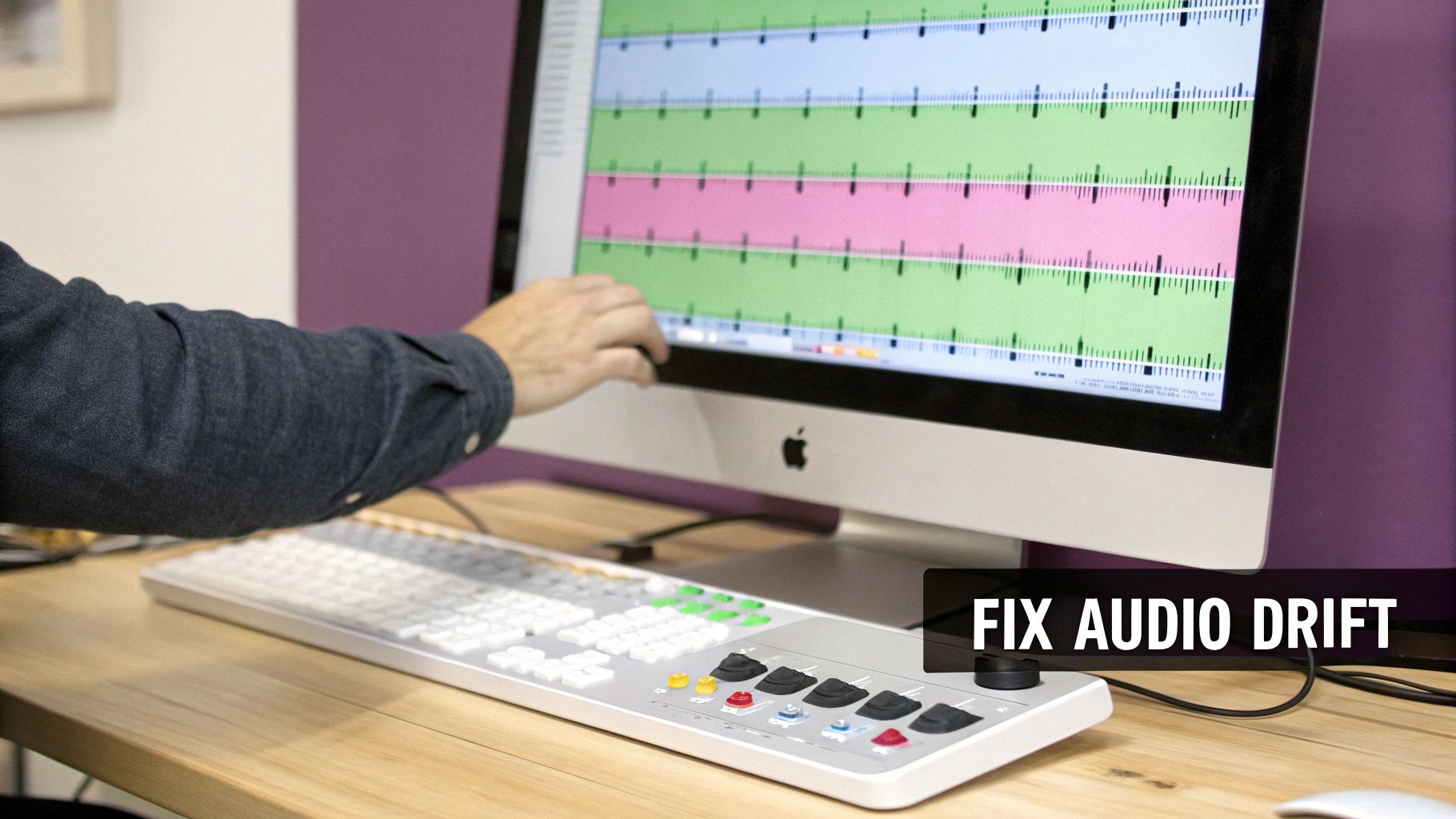 A person's hand interacts with an iMac screen displaying audio tracks, alongside a specialized control surface on a desk.