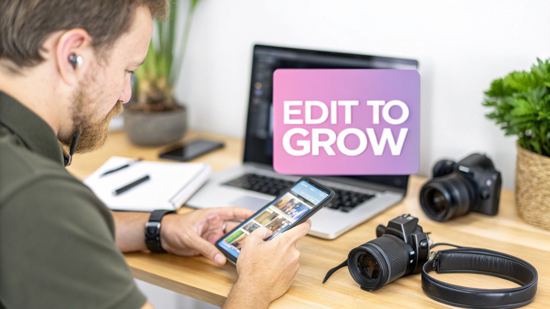 A person edits photos or videos on a mobile phone at a desk with cameras and a laptop.