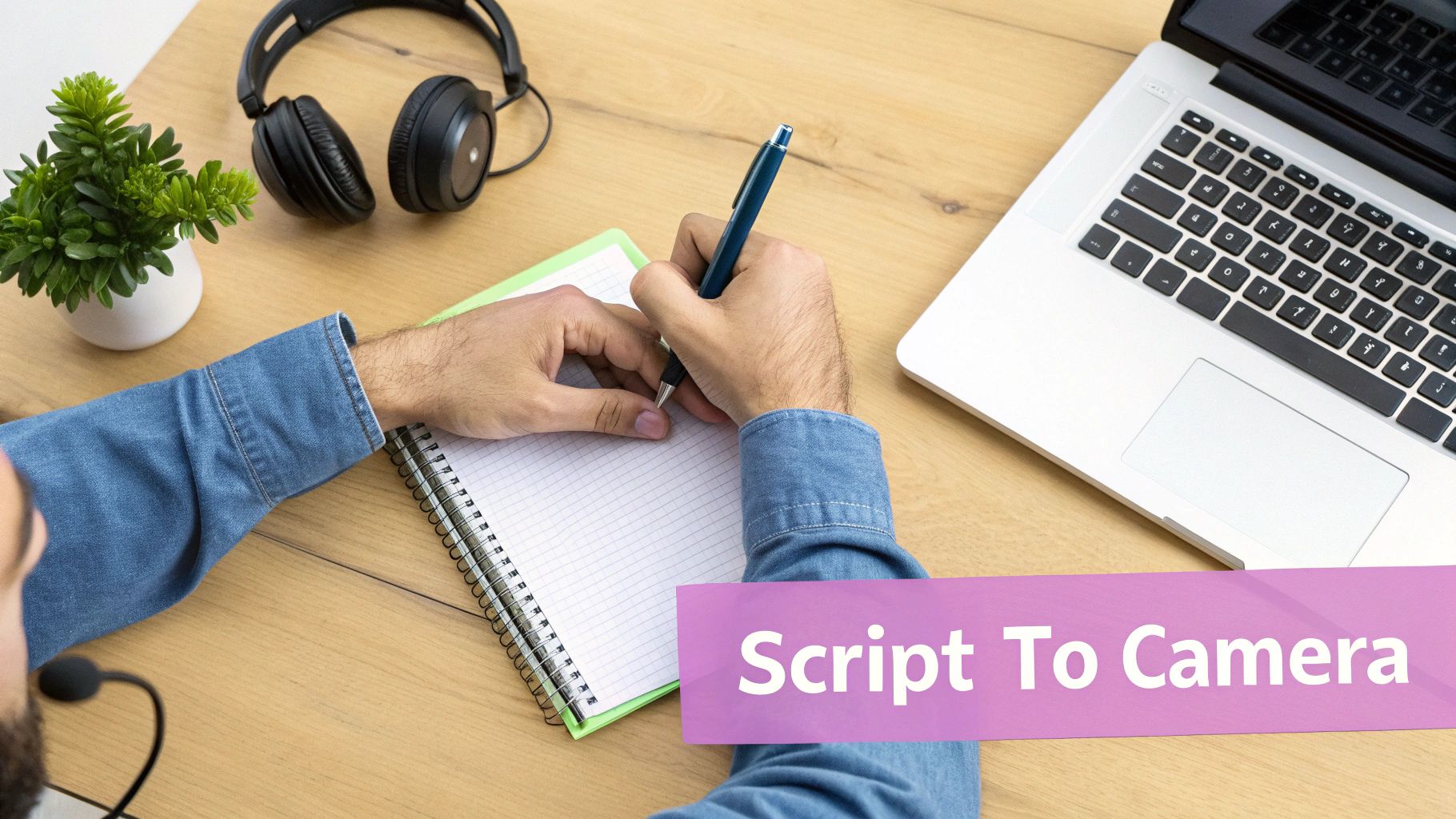 Overhead view of a person writing in a notebook on a wooden desk, with laptop and headphones.