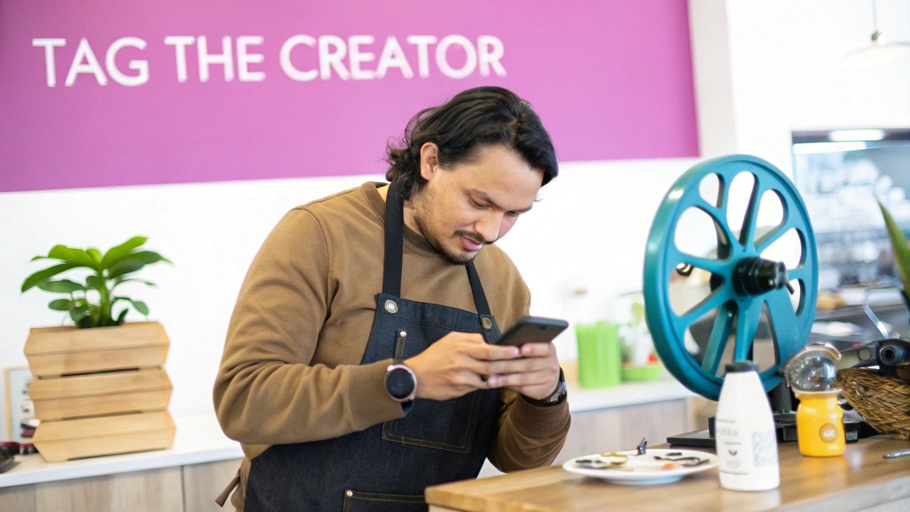 A man in an apron intently uses his smartphone in a creative workspace with 'TAG THE CREATOR' on the wall.