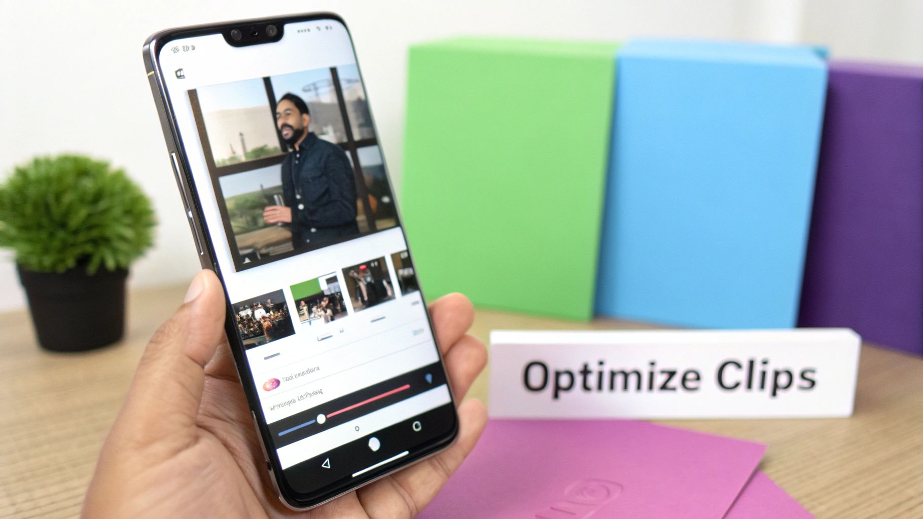 Hand holding a smartphone displaying a video editing app with a man and 'Optimize Clips' sign.