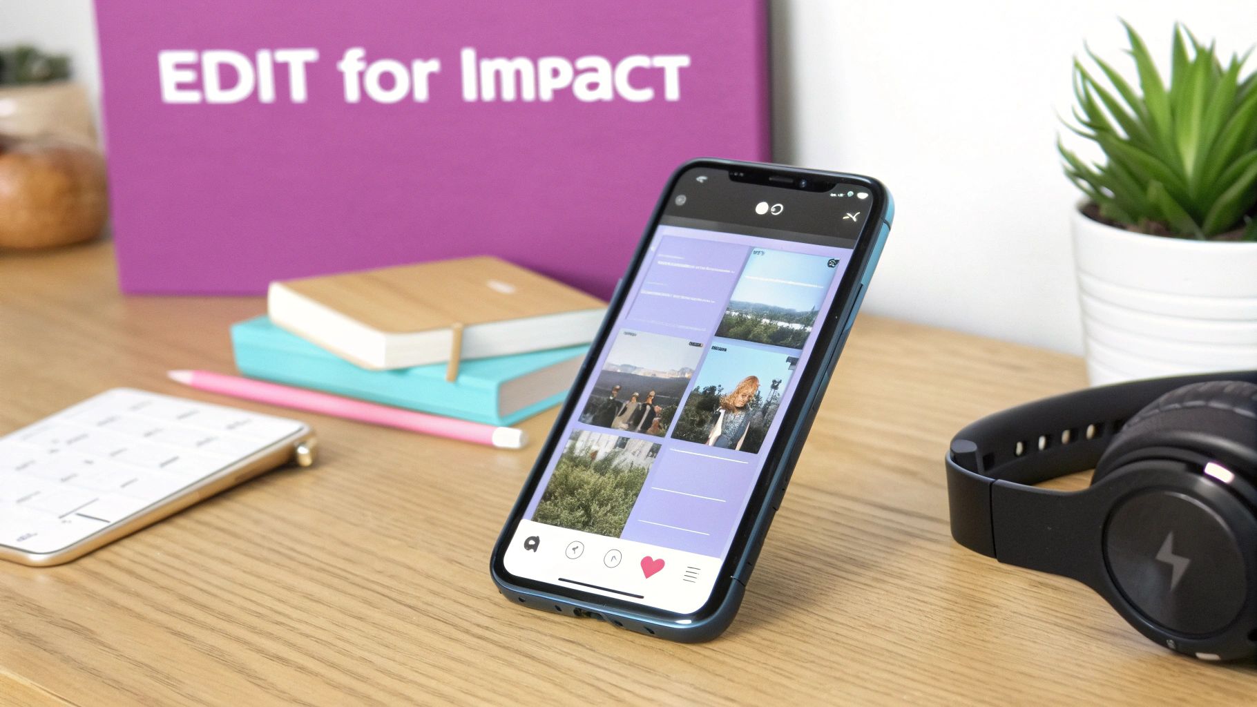 A smartphone on a wooden desk displays an image gallery app next to an 'EDIT for Impact' box.