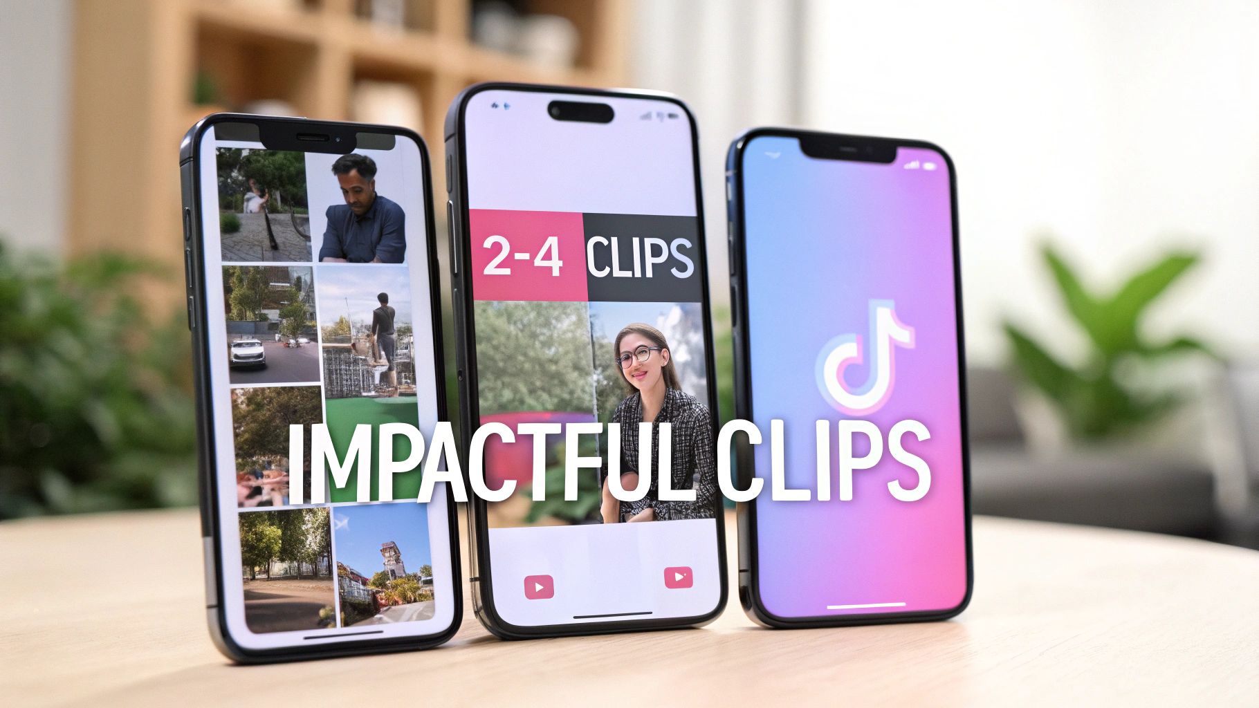 Three smartphones on a wooden table displaying photo grids, video clips, and the TikTok logo.