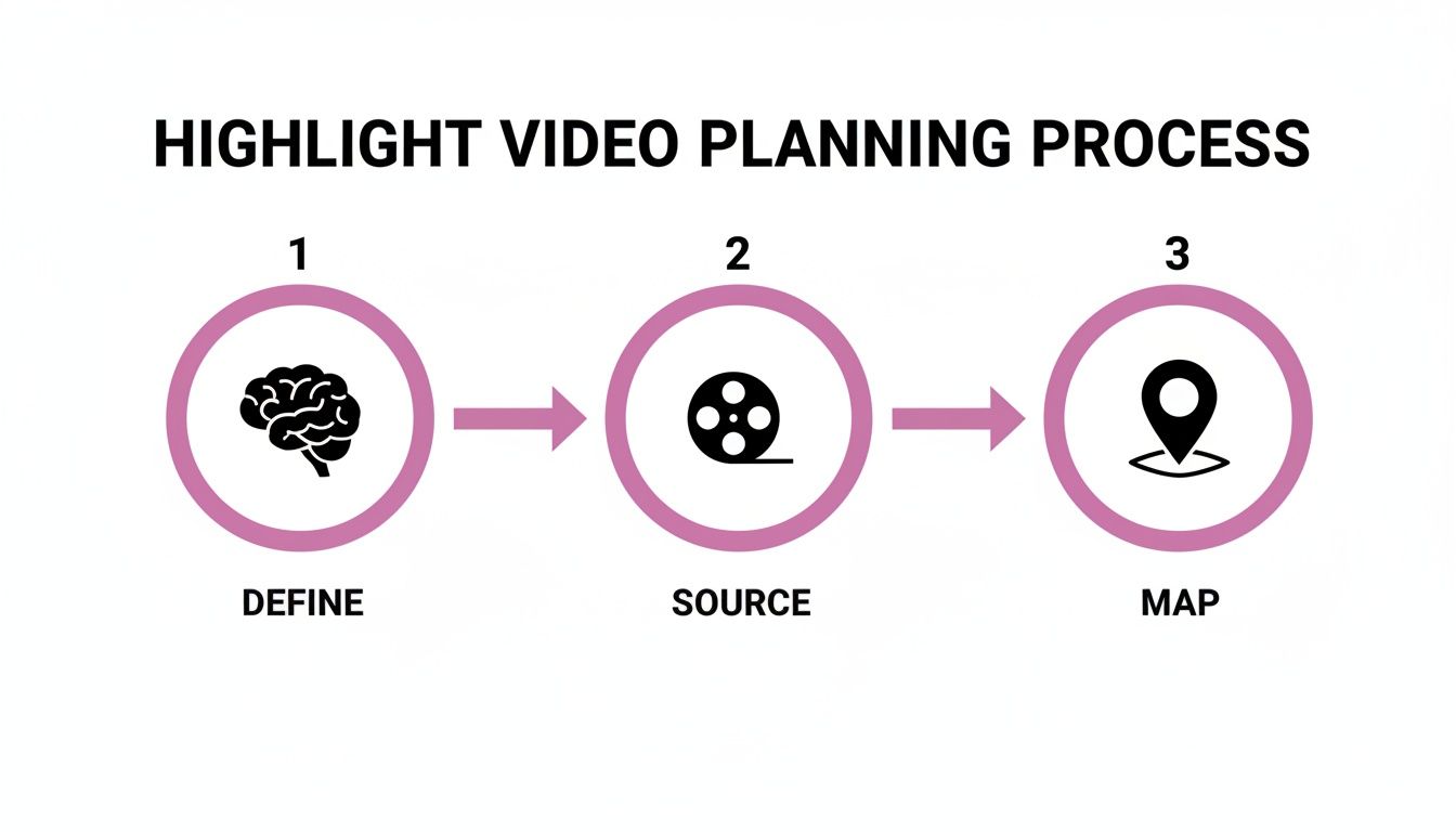 A diagram illustrating the highlight video planning process with three steps: Define, Source, and Map.
