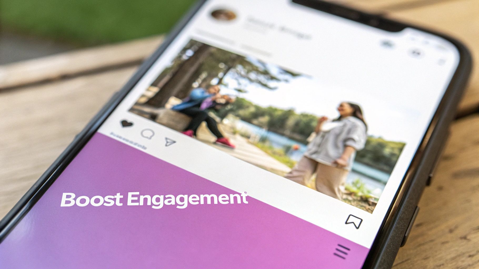A smartphone displays a social media app with a photo of people and 'Boost Engagement' text.
