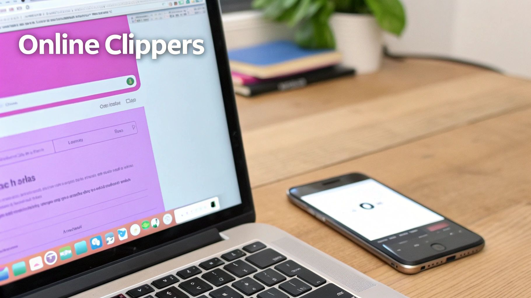 A laptop displays a website titled "Online Clippers" with a purple interface, alongside a smartphone on a wooden desk.