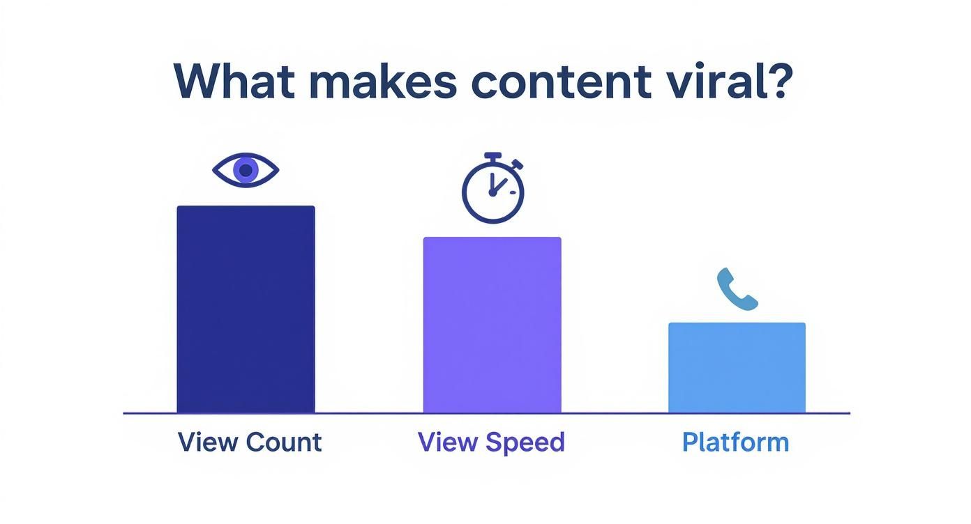 Bar chart showing three factors that make content viral: view count, view speed, and platform