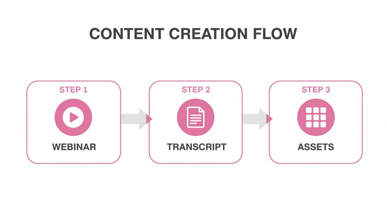 Diagram illustrating a content creation workflow: webinar leads to transcript, then to marketing assets.
