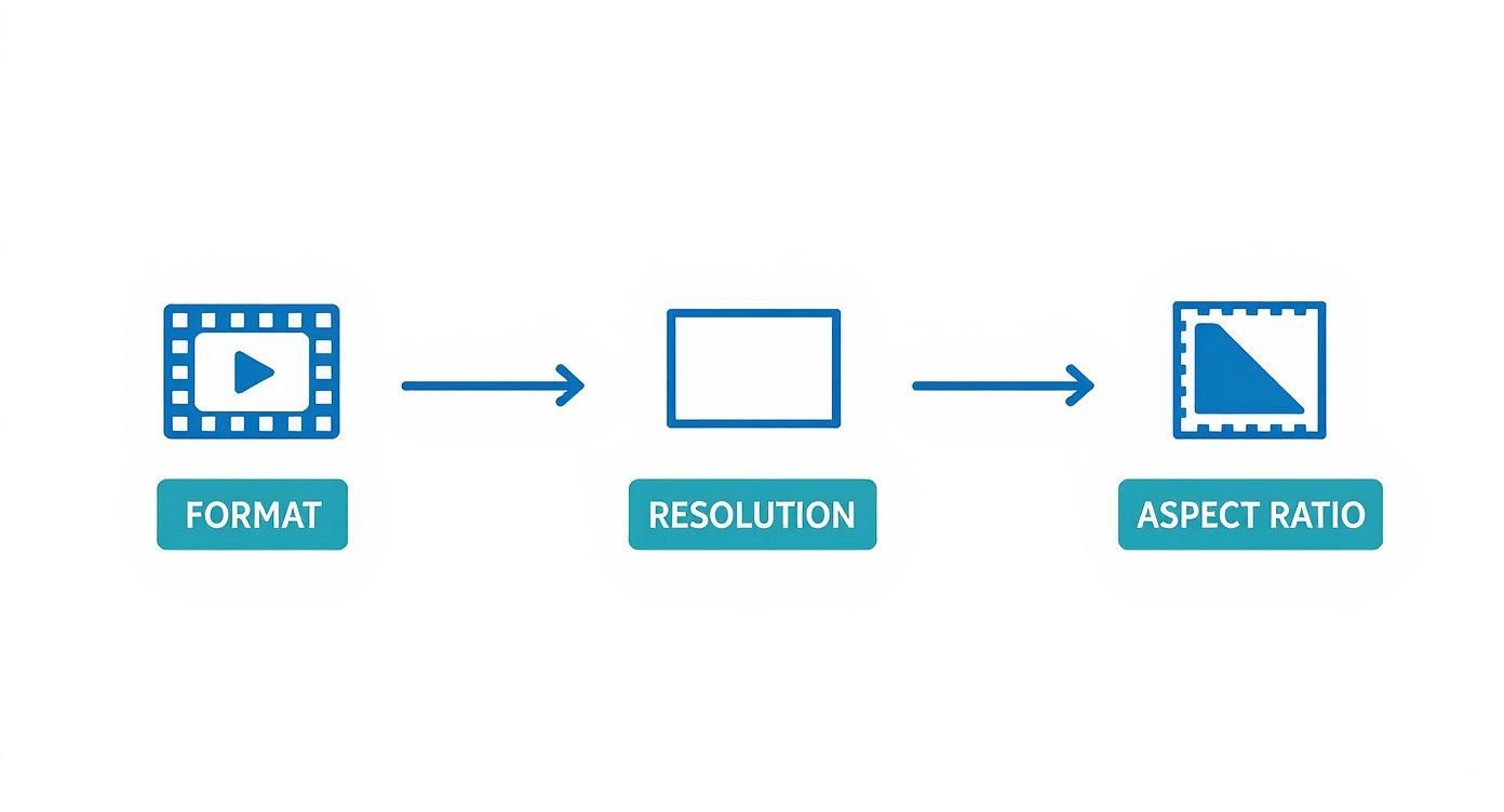 A diagram illustrating a sequence of video settings: Format, Resolution, and Aspect Ratio with icons.