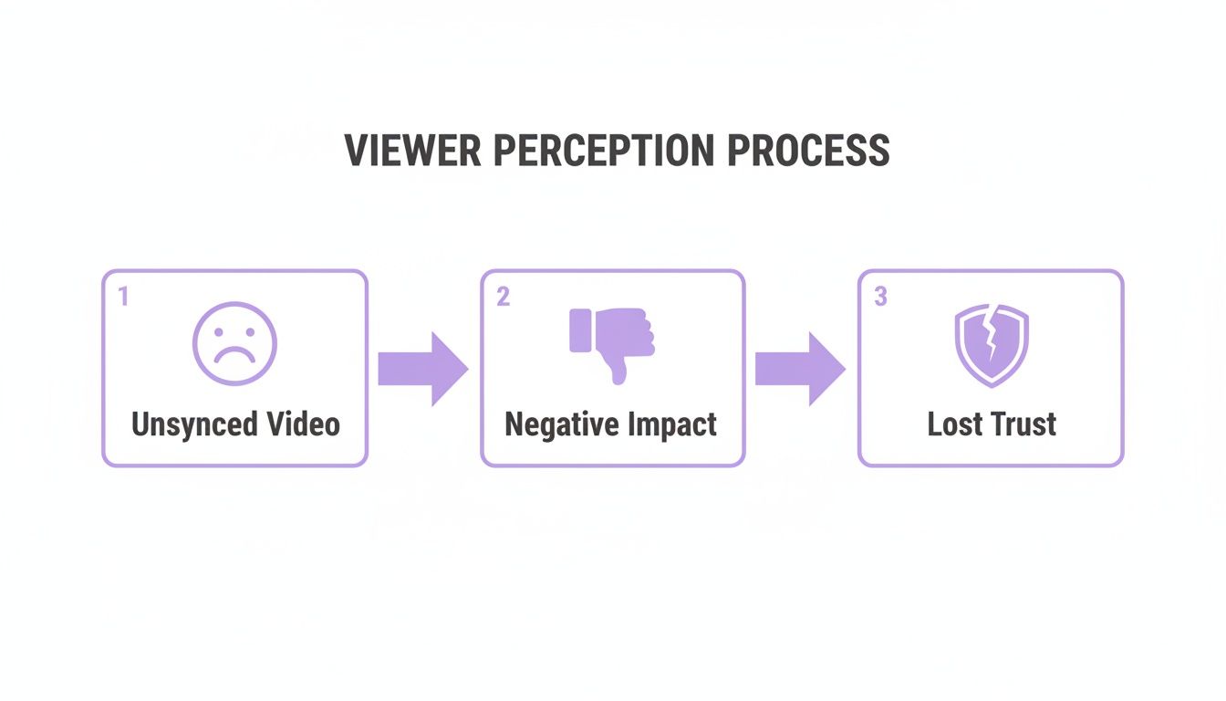 Flowchart illustrating viewer perception process: unsynced video leads to negative impact and lost trust.