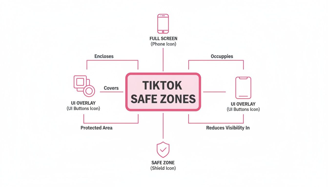 A concept map illustrating TikTok safe zones, showing relationships with full screen, UI overlays, and protected areas.