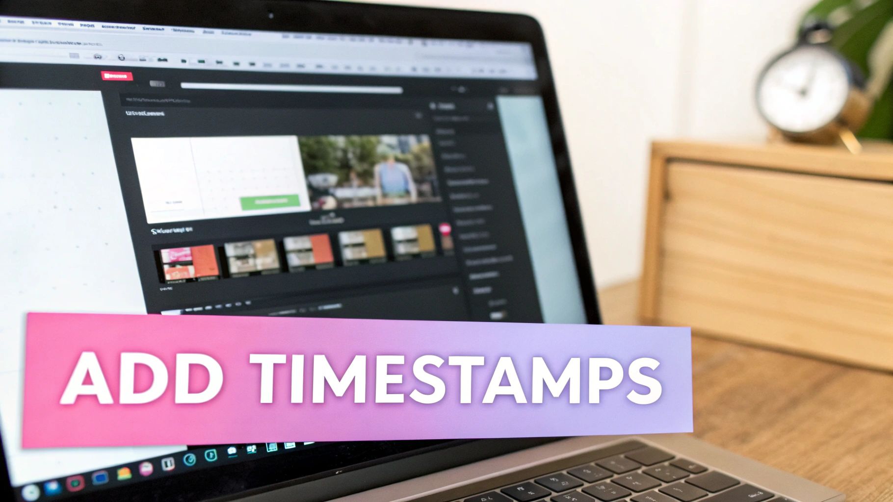 Laptop screen shows a video editing interface with a pink and purple 'ADD TIMESTAMPS' banner.