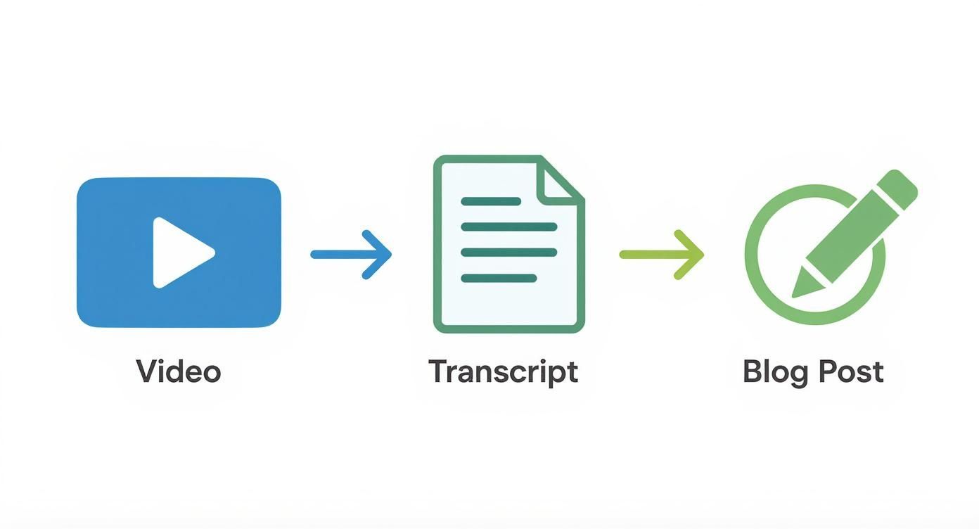 An infographic showing the process flow of content repurposing, from a video to a transcript to a blog post.