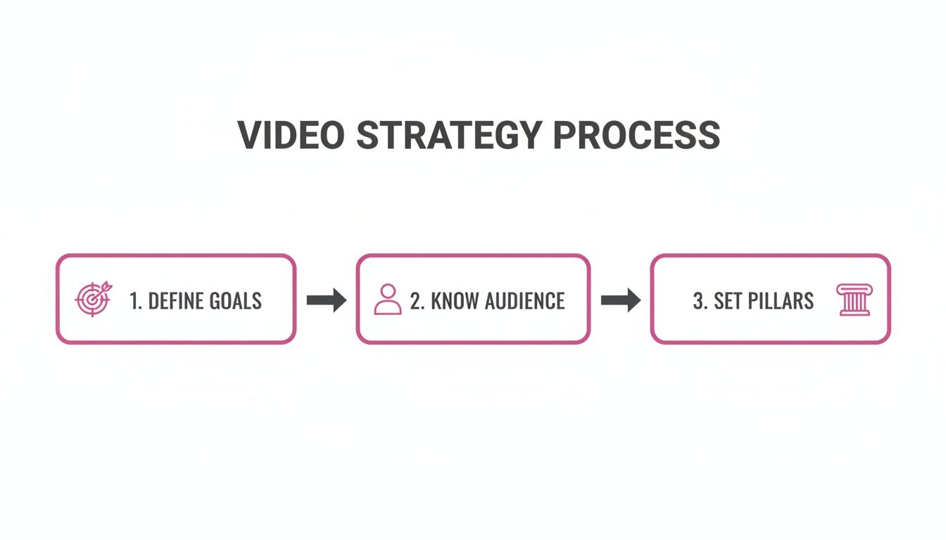 A flowchart showing the video strategy process with three steps: define goals, know audience, and set pillars.