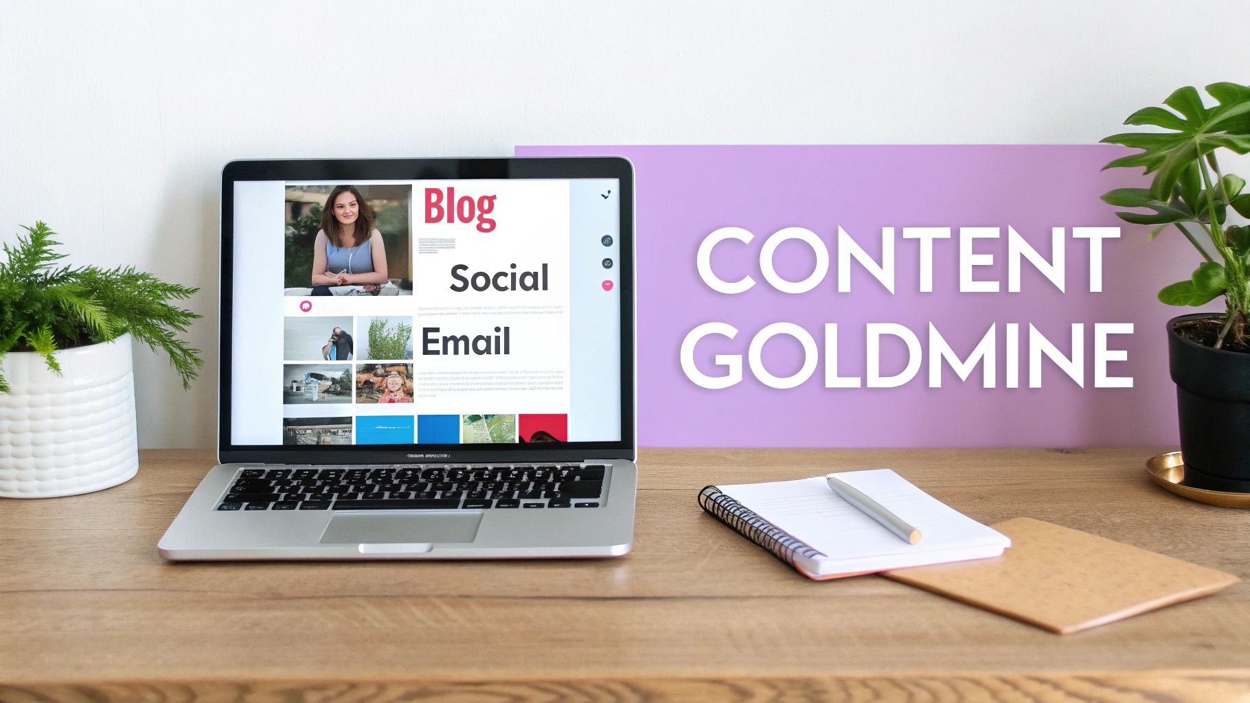 A laptop displays a webpage with 'Blog', 'Social', 'Email' sections, next to a 'CONTENT GOLDMINE' sign on a wooden desk.