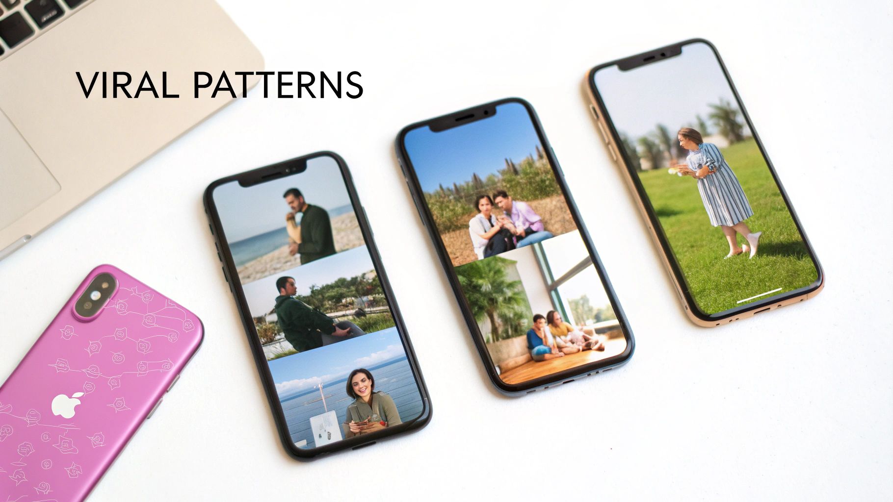 Four smartphones and a laptop on a white desk, with screens showing images and 'VIRAL PATTERNS' text.