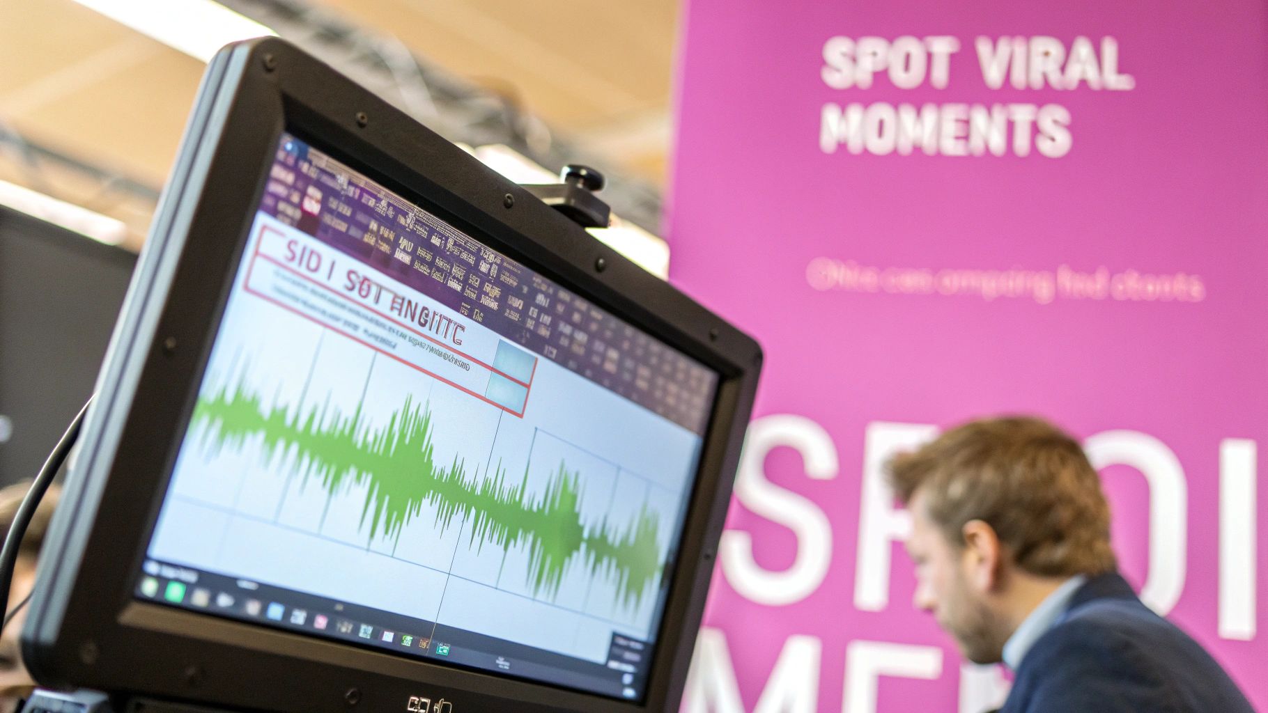 Computer screen displaying audio waveform editing software with viral content creation setup and pink banner