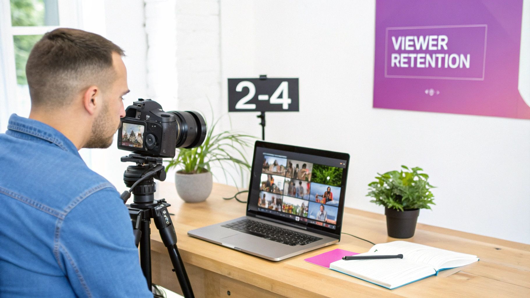 Man filming a video with a camera, laptop displaying a video call, and 'VIEWER RETENTION' sign.