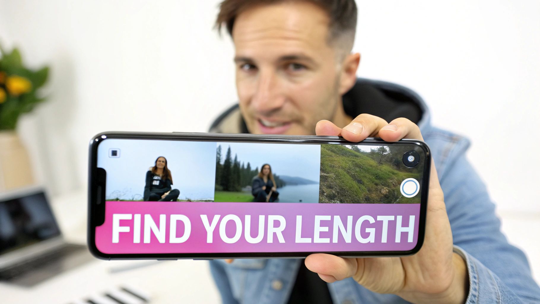 Smiling man holding a smartphone horizontally, displaying a video montage and 'FIND YOUR LENGTH' text.