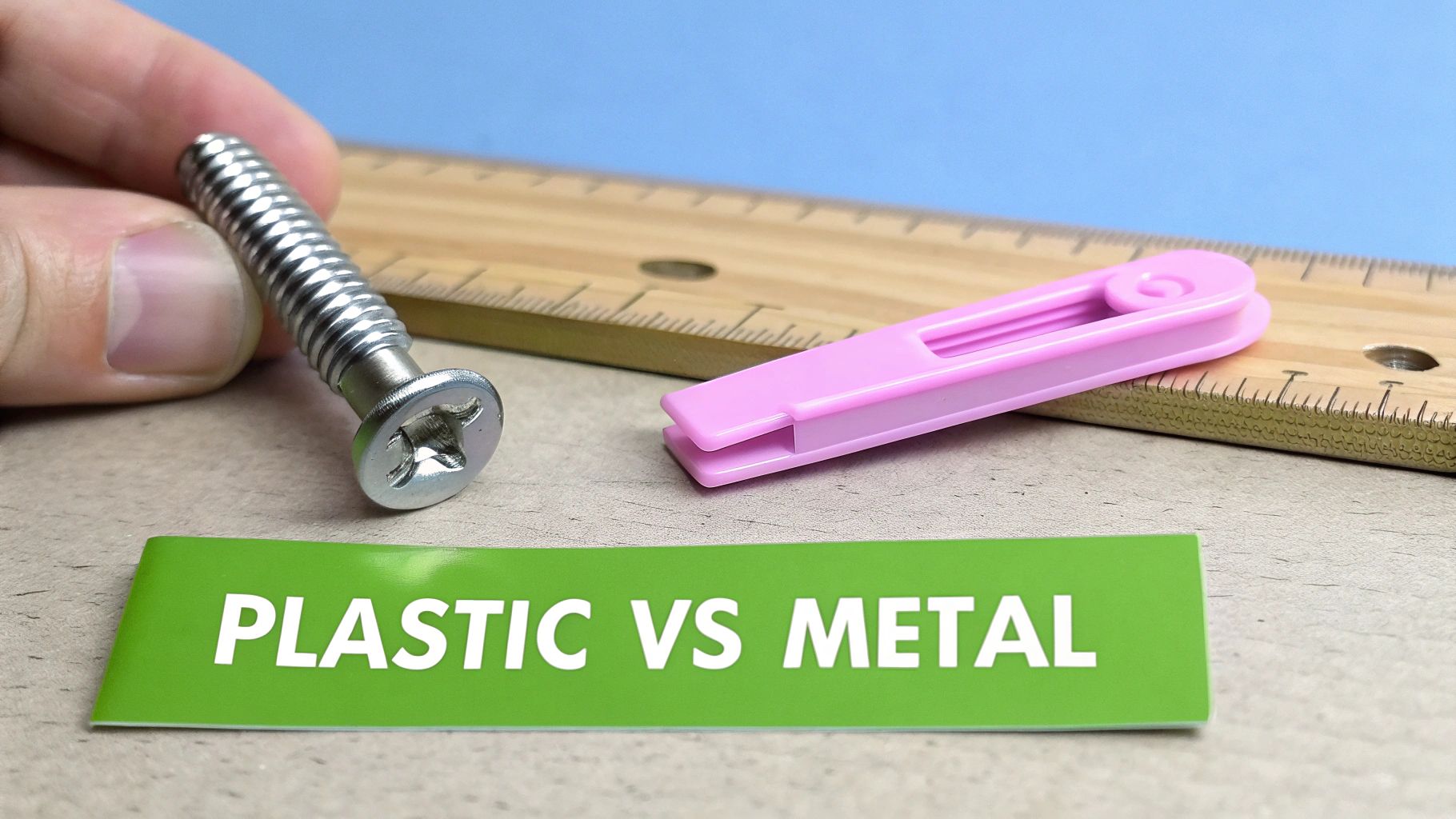 A hand holds a metal screw next to a pink plastic clip, a wooden ruler, and a green label that says "PLASTIC VS METAL".