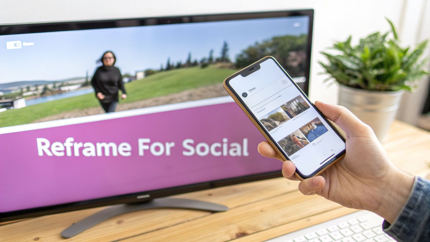 A hand holding a smartphone in front of a monitor displaying a video and 'Reframe For Social' text.