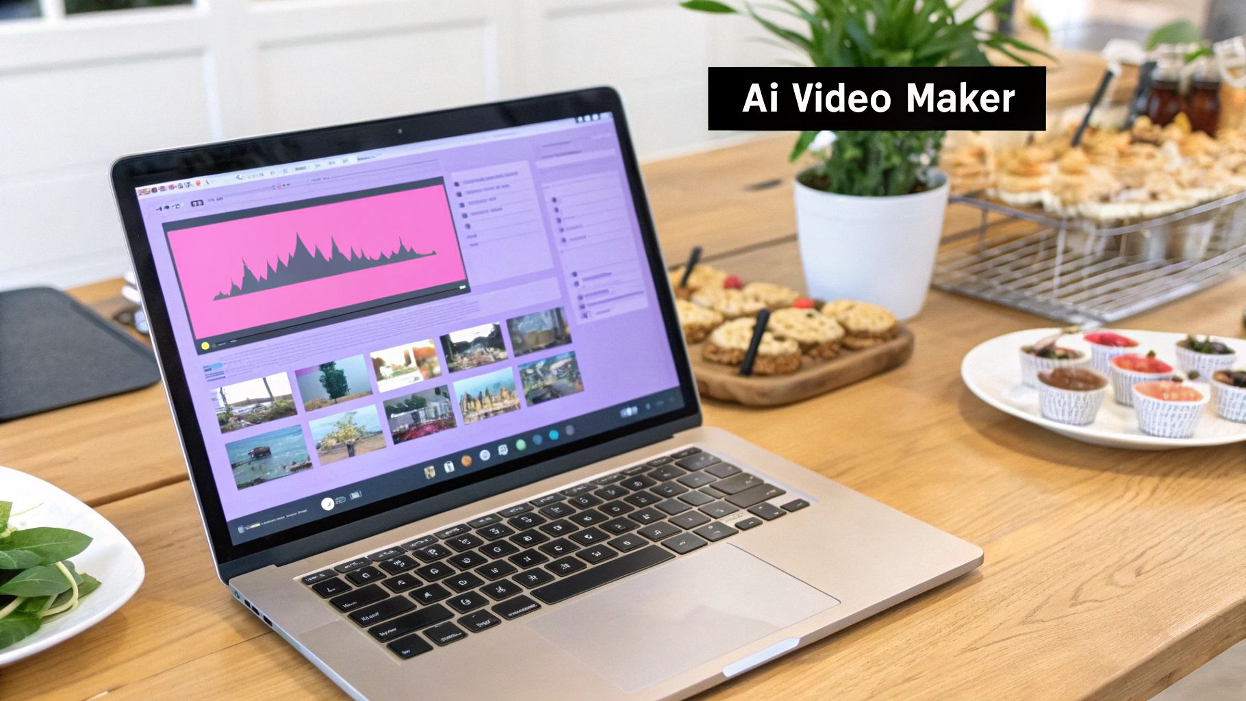 A laptop running AI video maker software, displaying a pink waveform and video clips on a wooden desk.