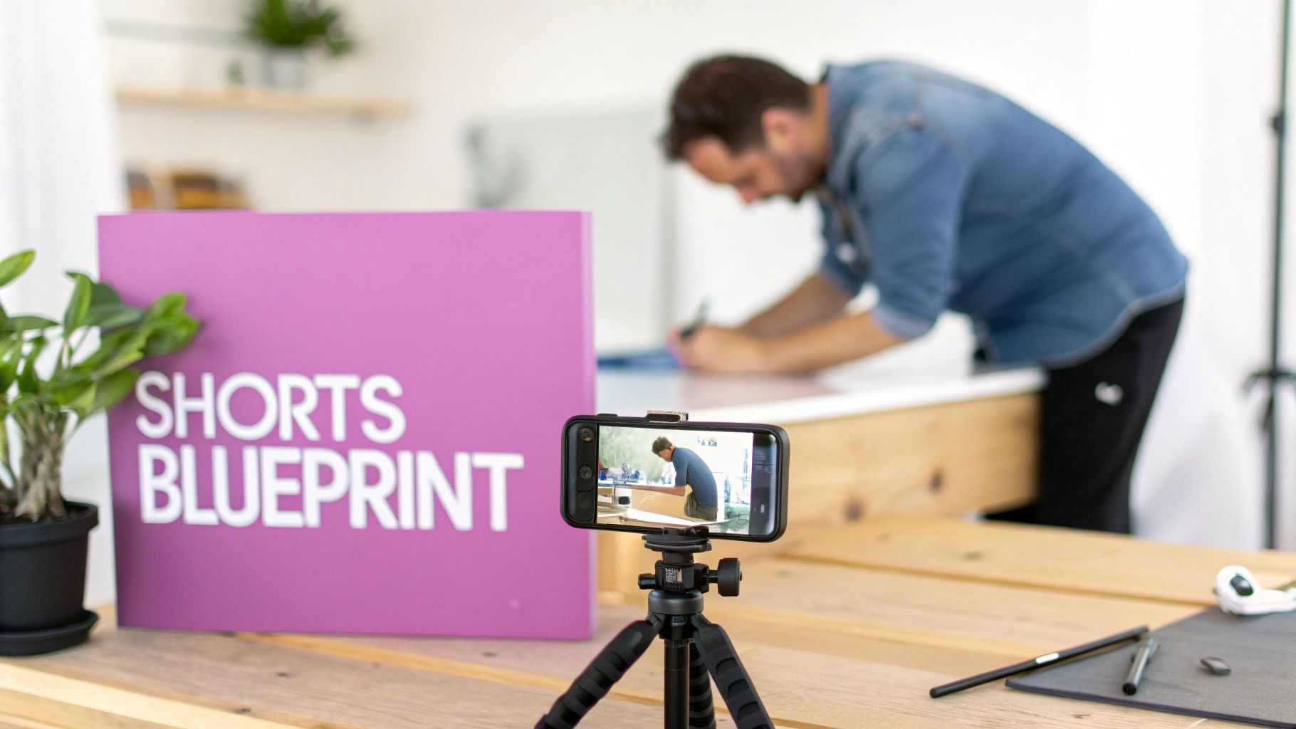 A man films a video tutorial about YouTube Shorts using a smartphone on a tripod.