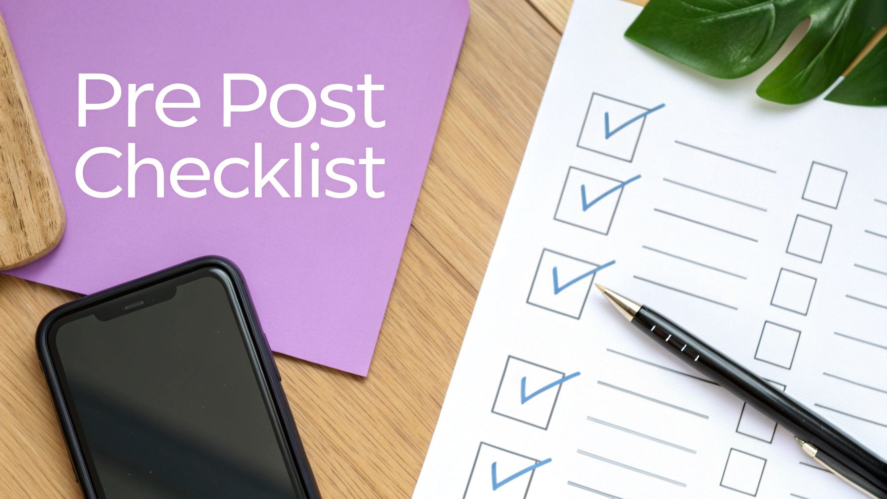A purple folder labeled 'Pre Post Checklist' next to a partially checked paper checklist, a pen, and a smartphone on a wooden desk.