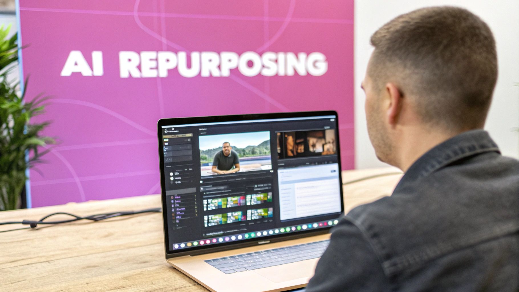 A man editing video content on a laptop with an 'AI Repurposing' sign in the background.
