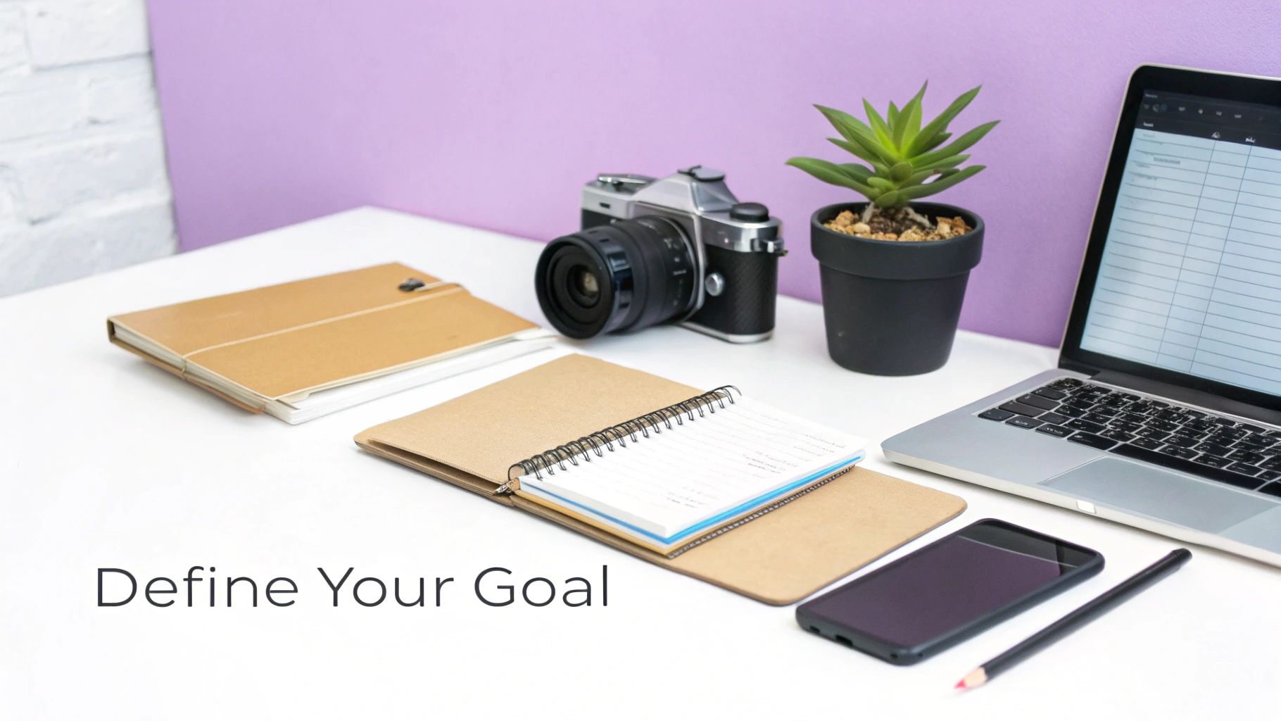 A clean, modern workspace with notebooks, a camera, a laptop, and a plant on a white desk, with 'Define Your Goal' text.