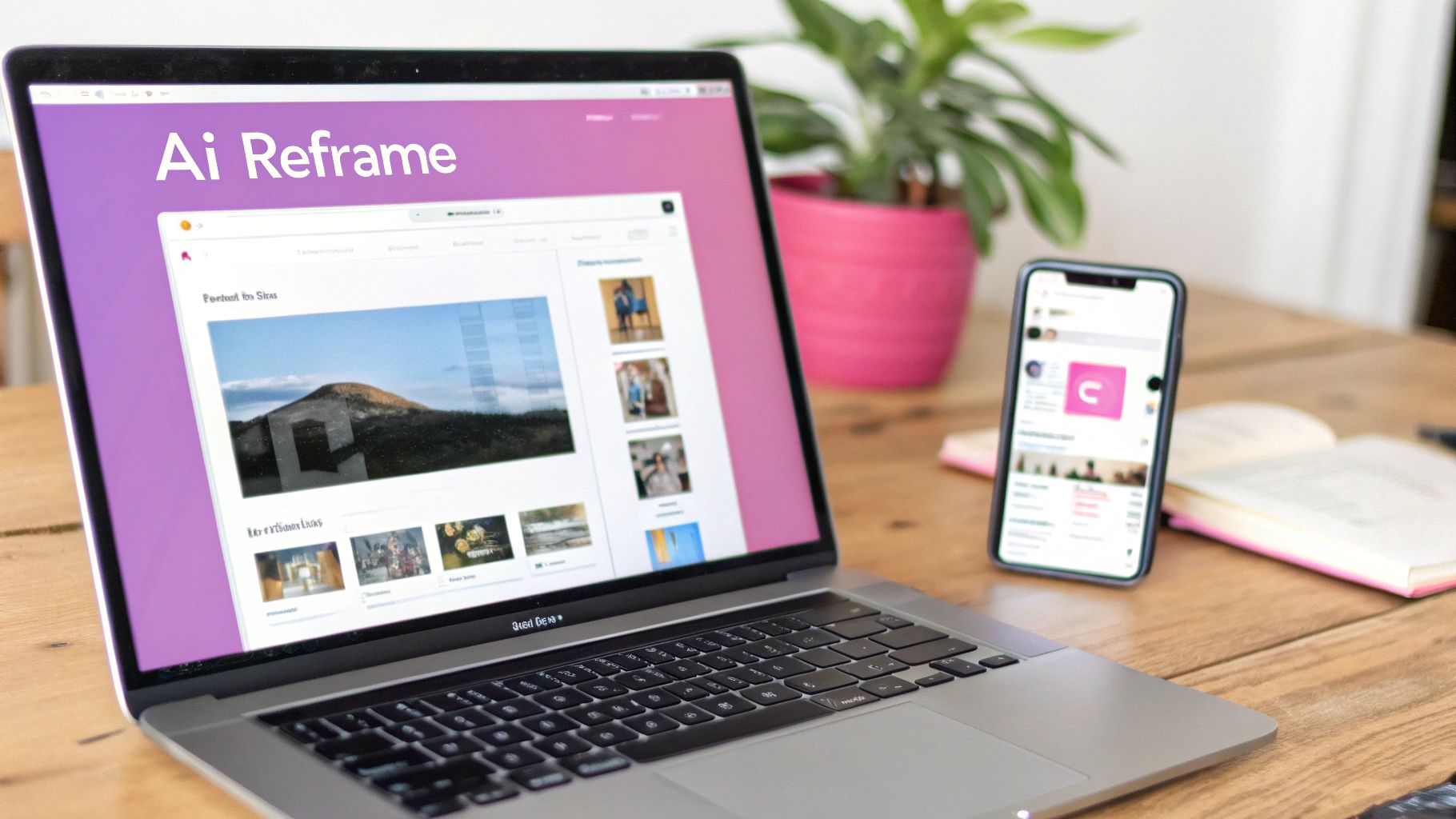 Close-up of a laptop showing 'Ai Reframe' software and a smartphone on a wooden workspace.