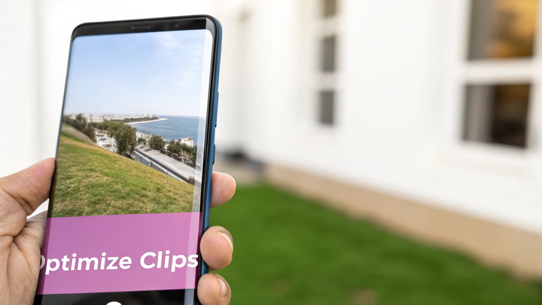 A hand holds a smartphone displaying a scenic coastal landscape and 'Optimize Clips' text.