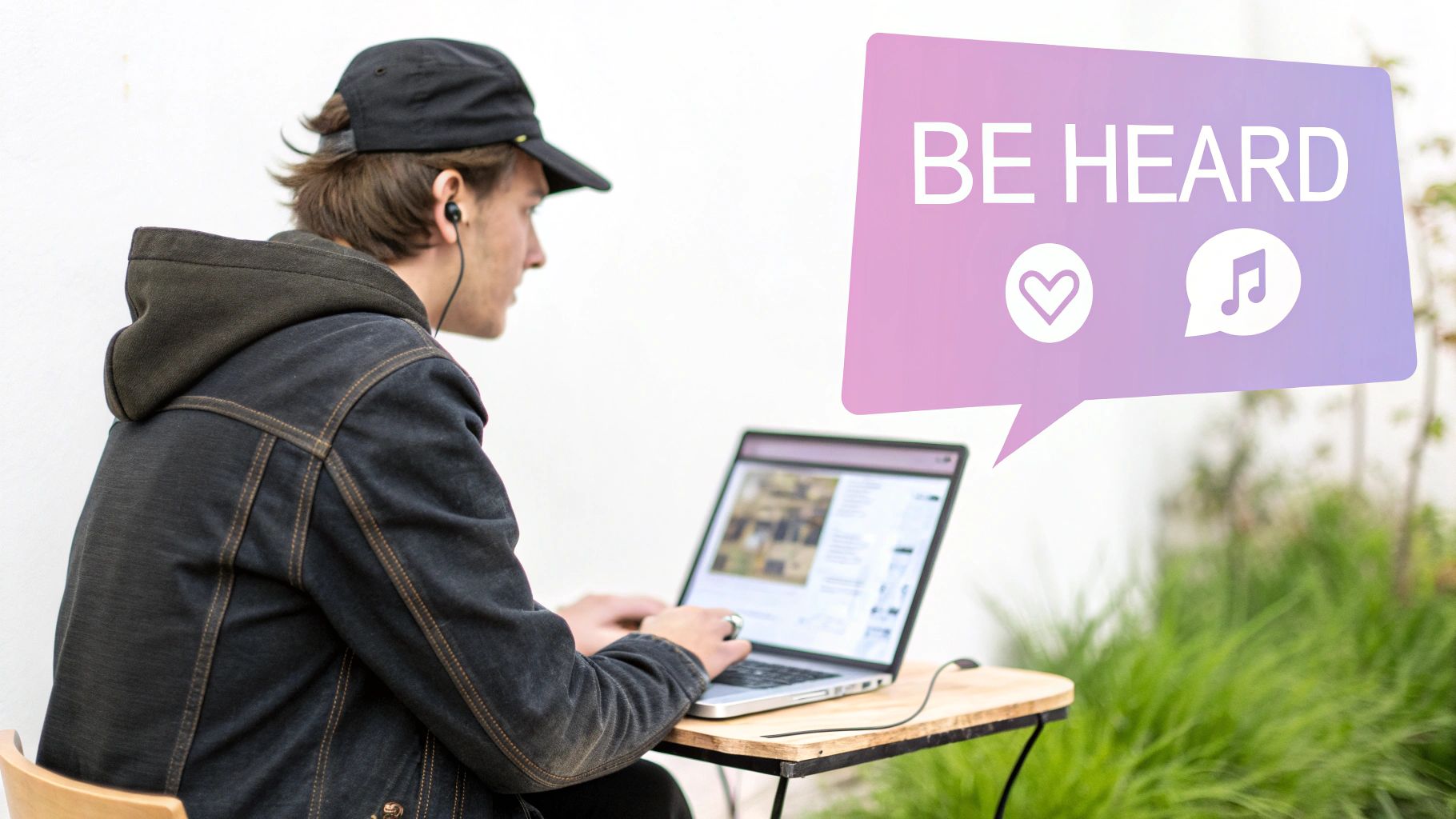 A young person in a cap and earphones uses a laptop outdoors, a speech bubble says 'BE HEARD'.
