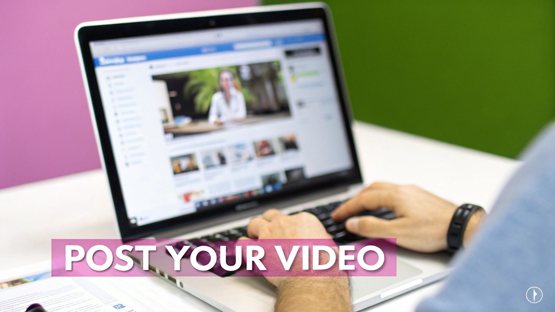 A person typing on a laptop, with a social media feed showing a video and text 'POST YOUR VIDEO' overlay.