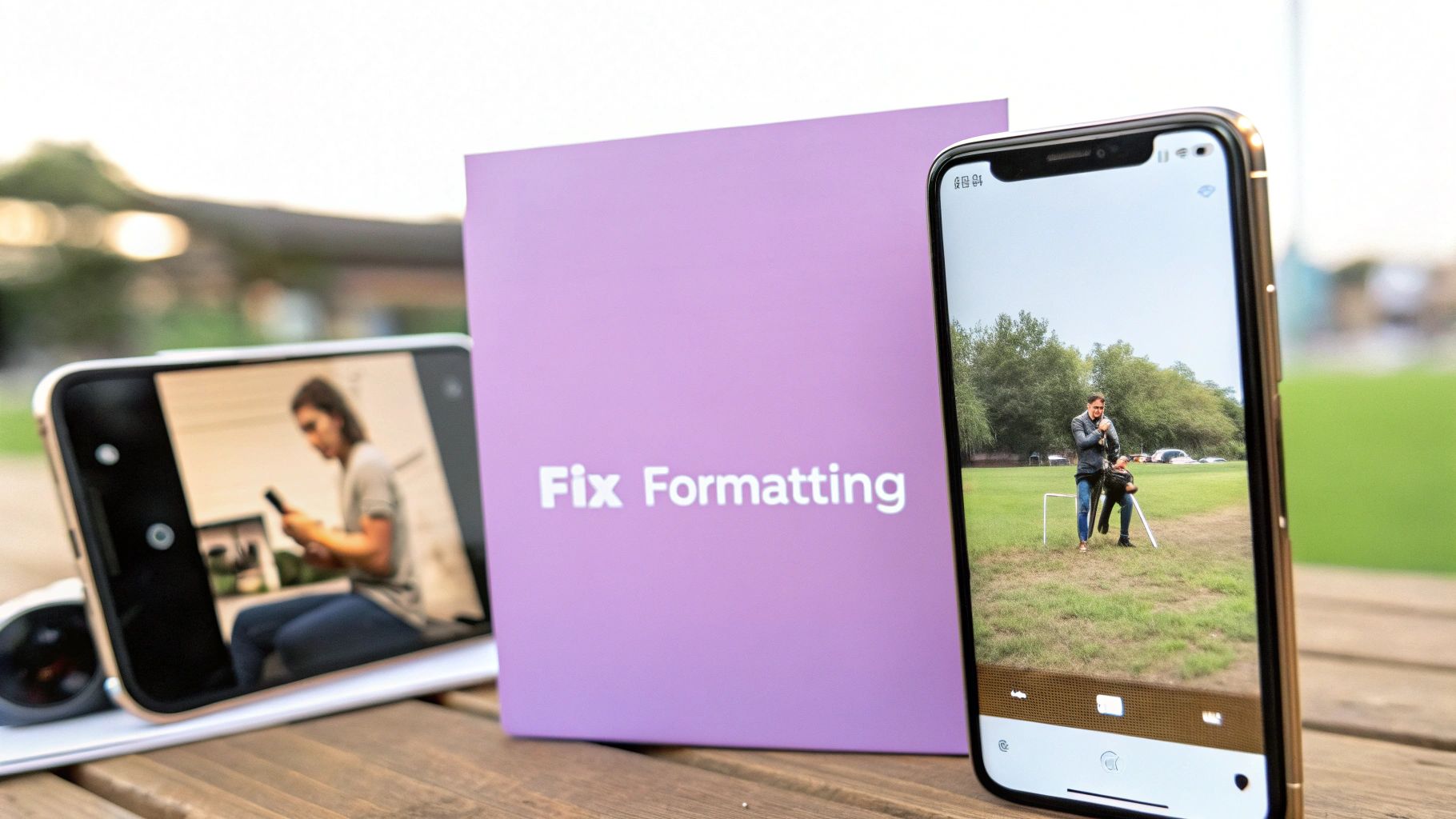 Two smartphones displaying photos and a 'Fix Formatting' box on an outdoor wooden table.