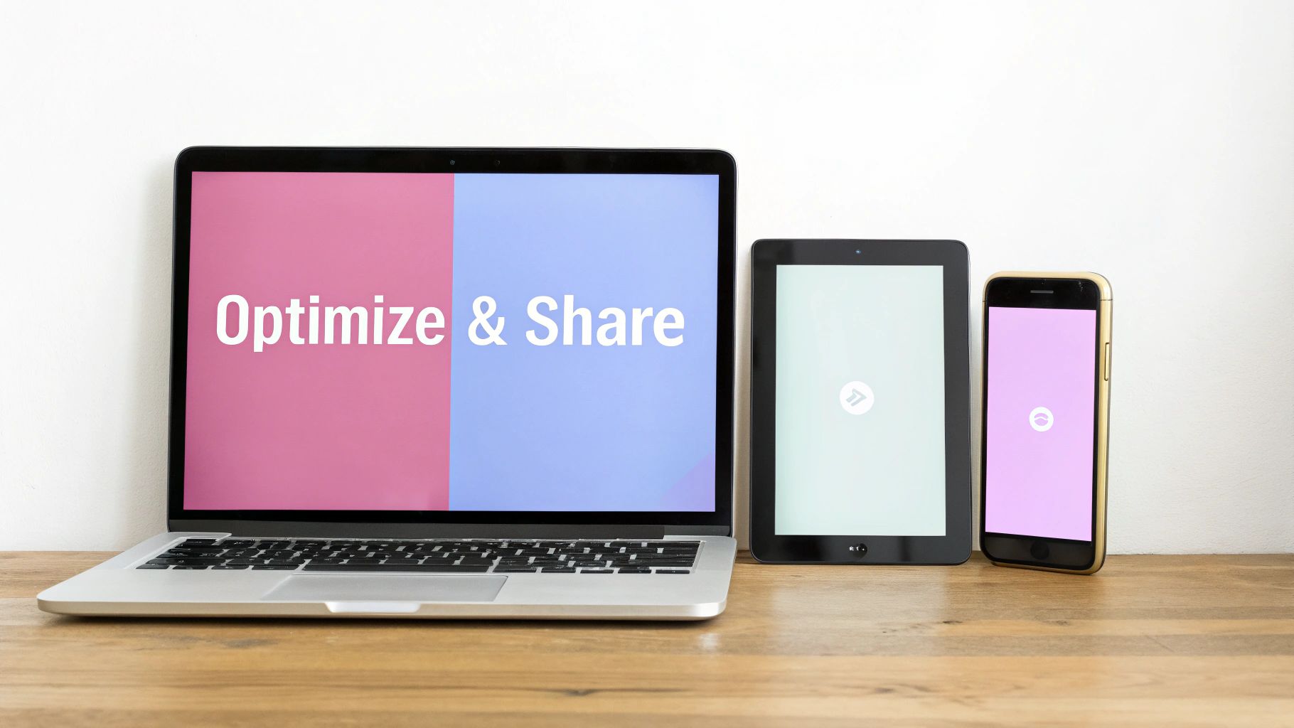 Three digital devices, a laptop, tablet, and phone, displaying colorful screens on a wooden desk.