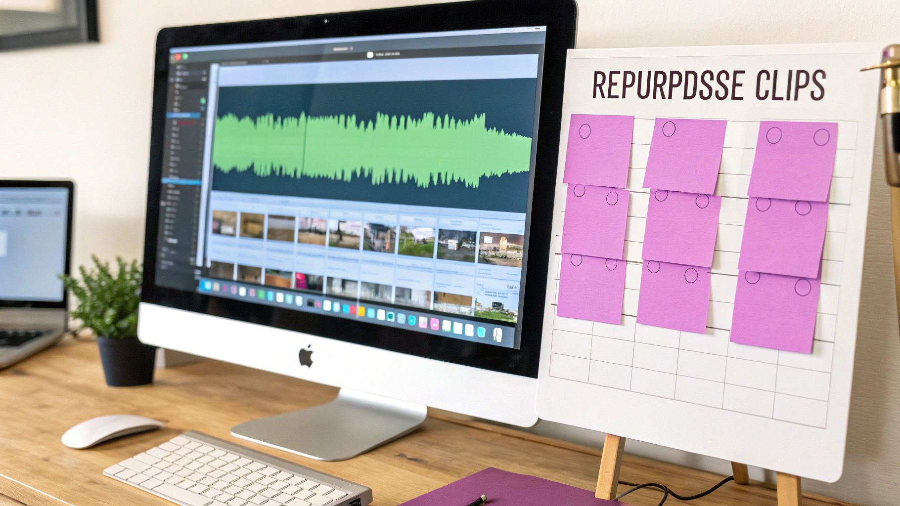 A creative desk setup features an iMac with video editing software and a whiteboard planning repurposed clips.