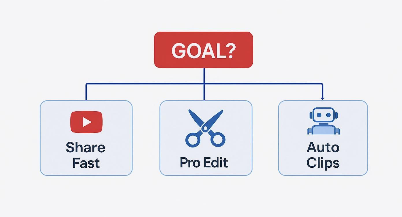 A flowchart showing three video goals: Share Fast (YouTube), Pro Edit (scissors), and Auto Clips (robot).