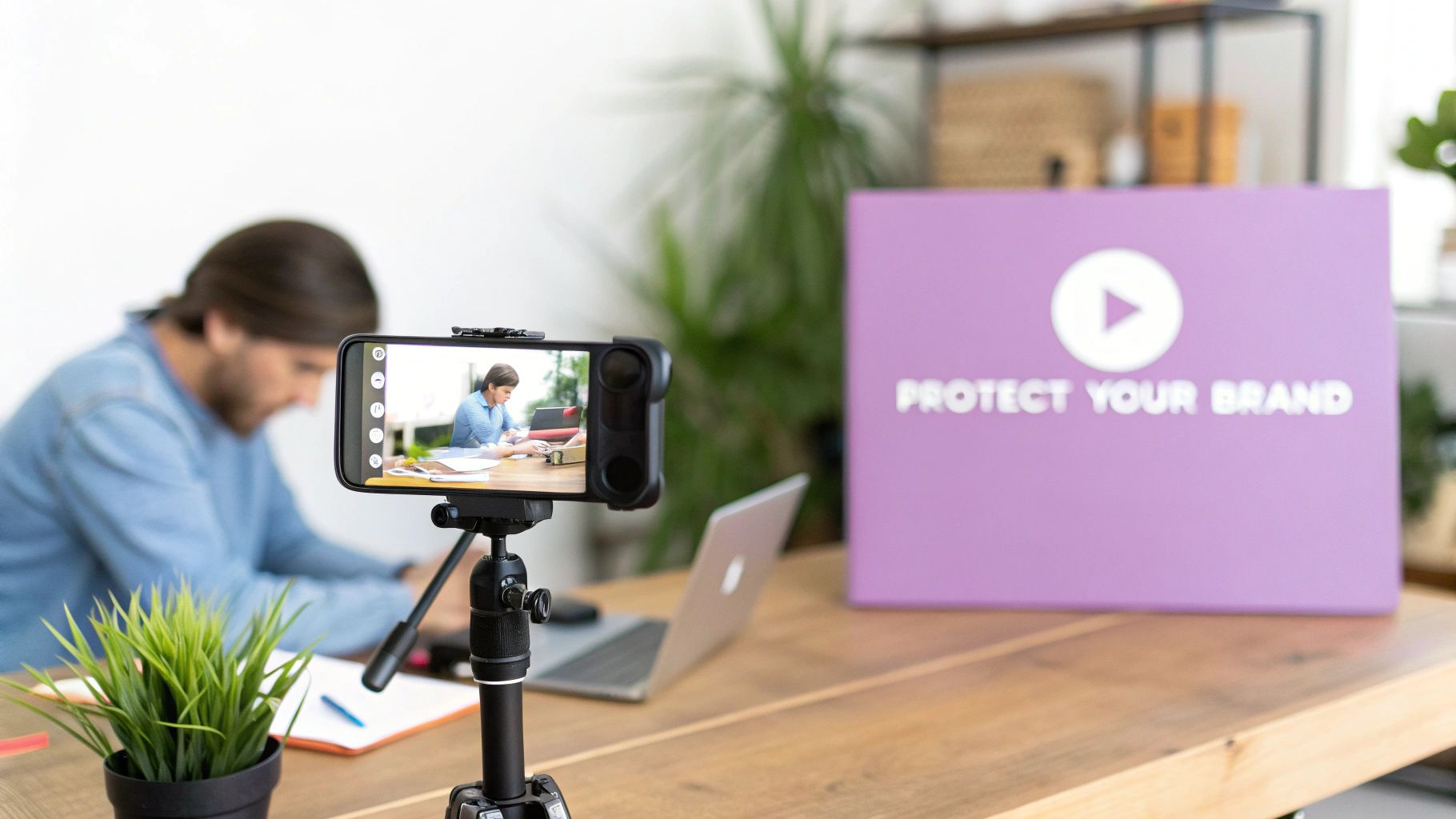 A smartphone on a tripod records a man working on a laptop with a 'Protect Your Brand' sign.