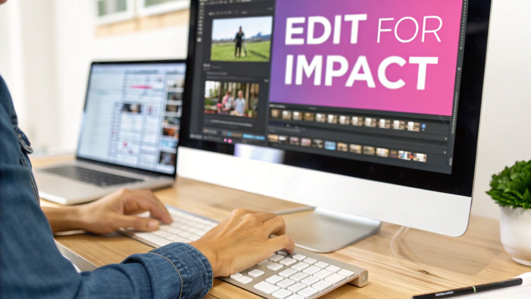 Person editing video on a desktop computer with a laptop nearby, working on a project titled 'EDIT FOR IMPACT'.