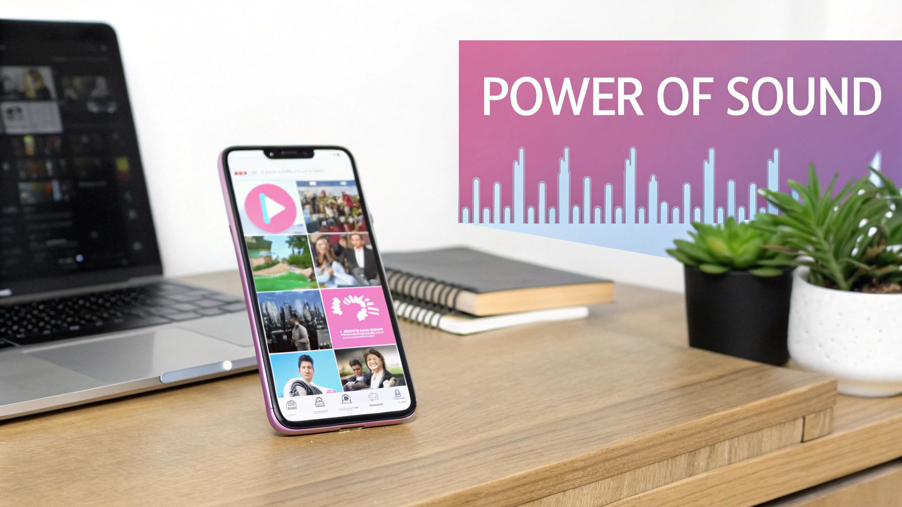 A smartphone displaying a video app and a laptop on a wooden desk with a 'POWER OF SOUND' graphic.
