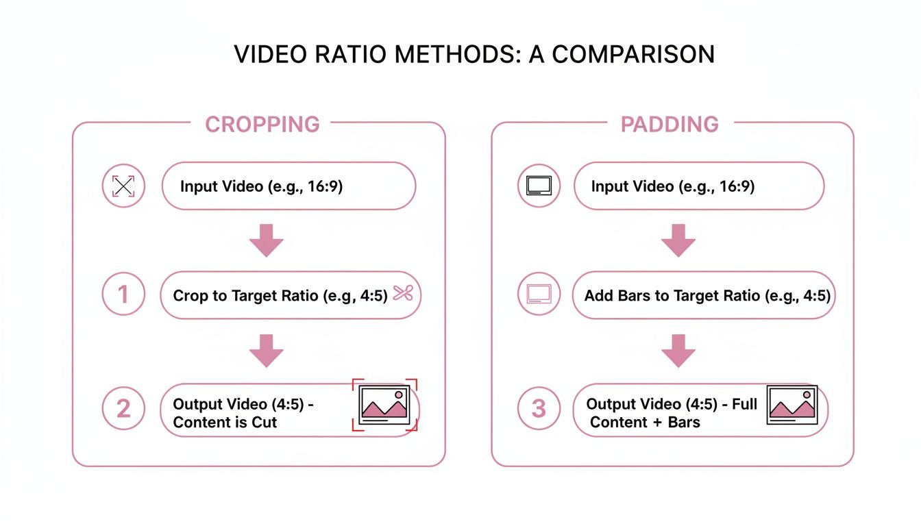Diagram comparing video aspect ratio conversion methods: cropping (cuts content) versus padding (adds bars).