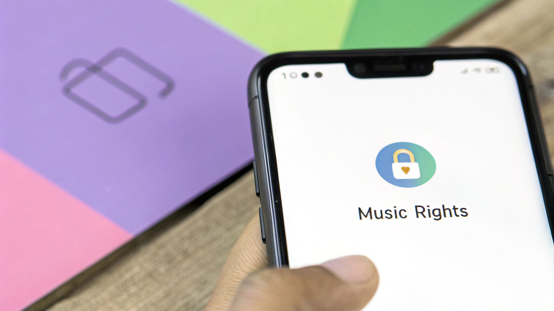 A hand holds a smartphone displaying an app with a lock icon and 'Music Rights' text.