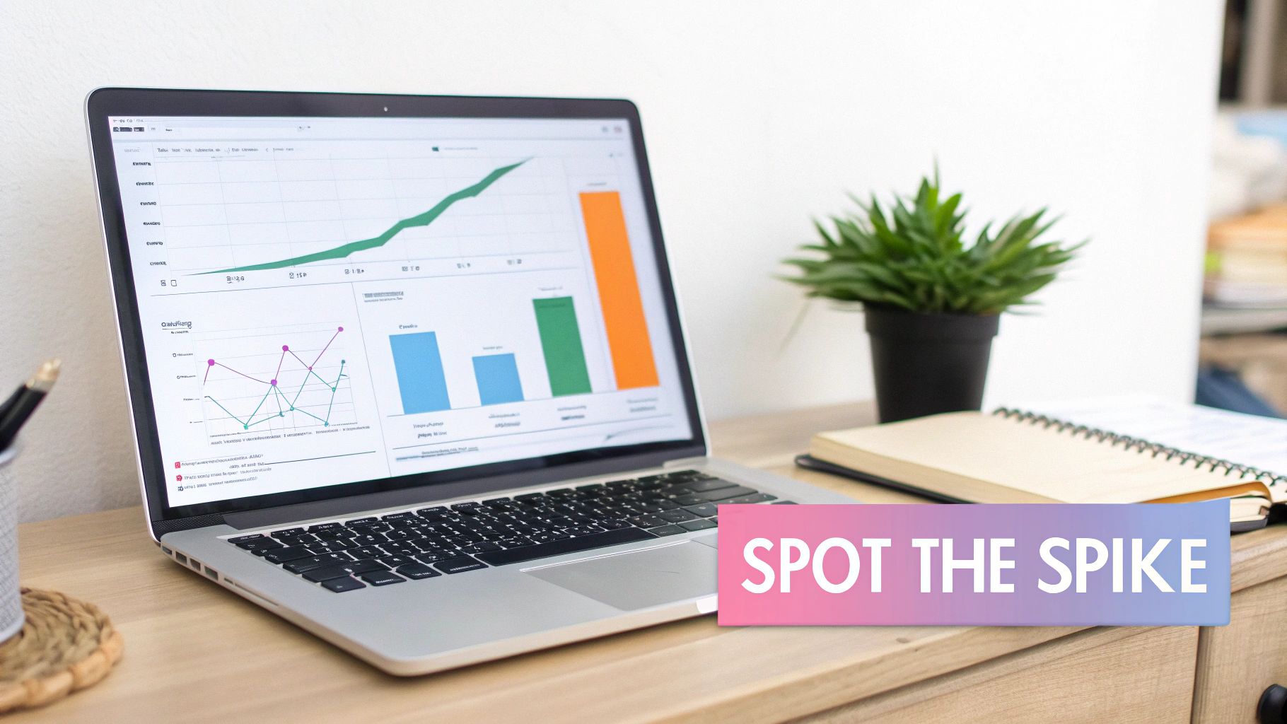A laptop screen displays various data analysis graphs and charts on a wooden desk with a plant.