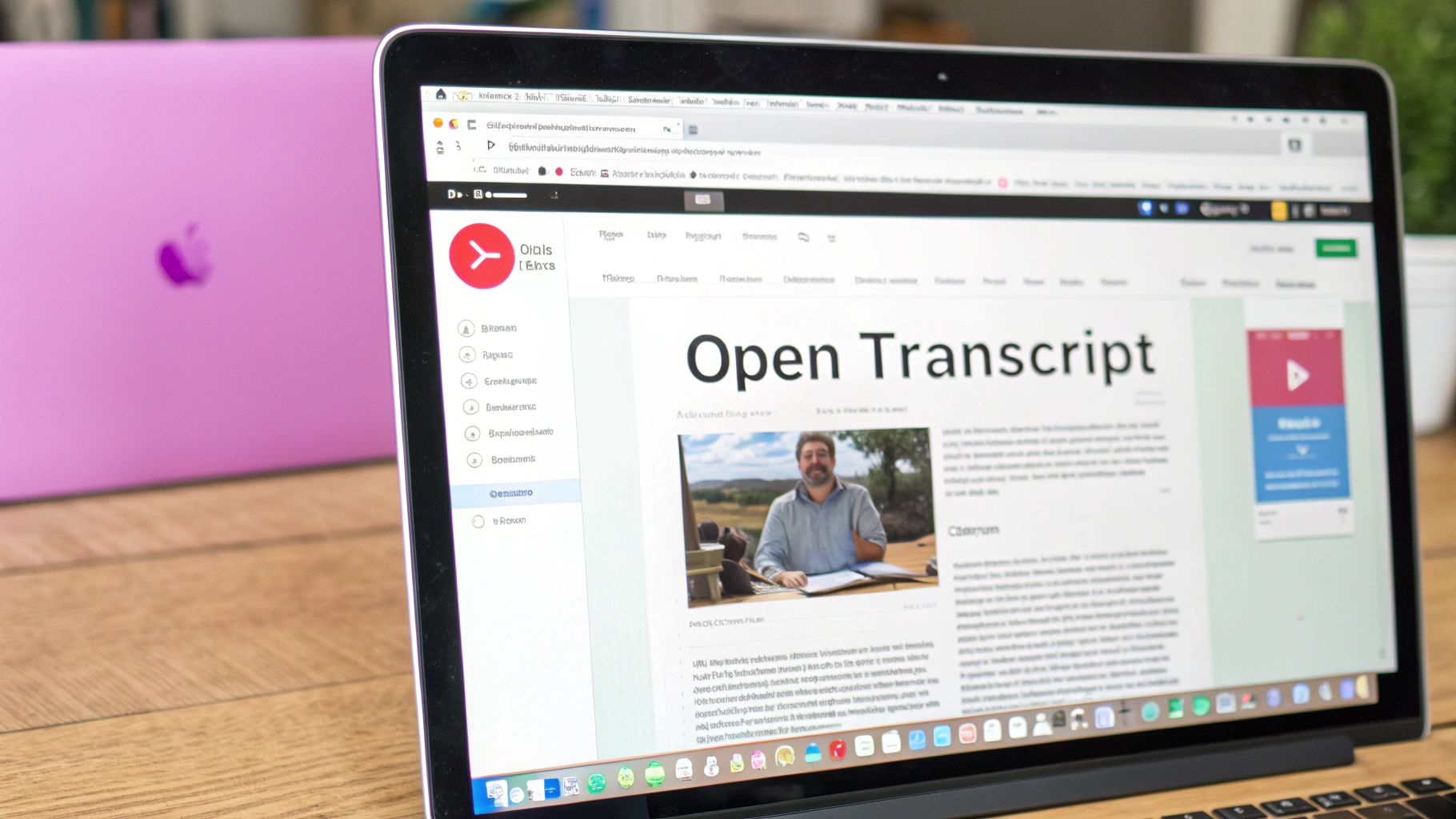 Close-up of a laptop screen showing 'Open Transcript' website content and a man, with a pink MacBook nearby.