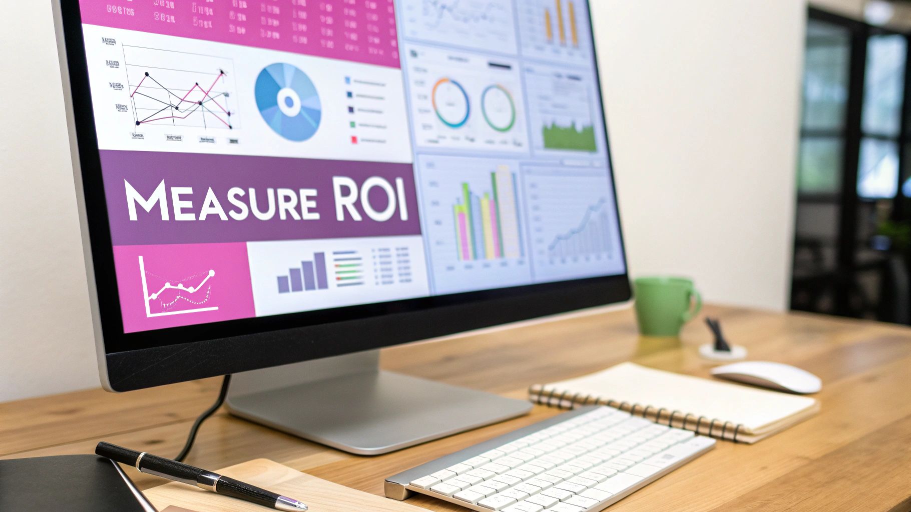 A computer monitor displays an analytics dashboard with 'MEASURE ROI' text, charts, and graphs on a wooden desk.