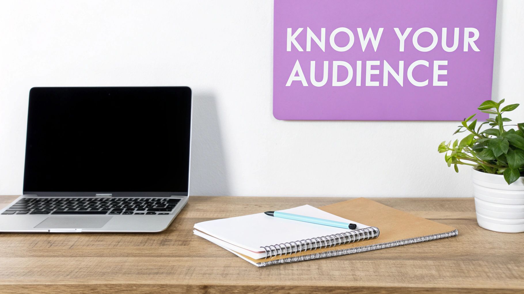 A laptop, notebooks, pen, and a plant on a wooden desk with a 'KNOW YOUR AUDIENCE' sign.
